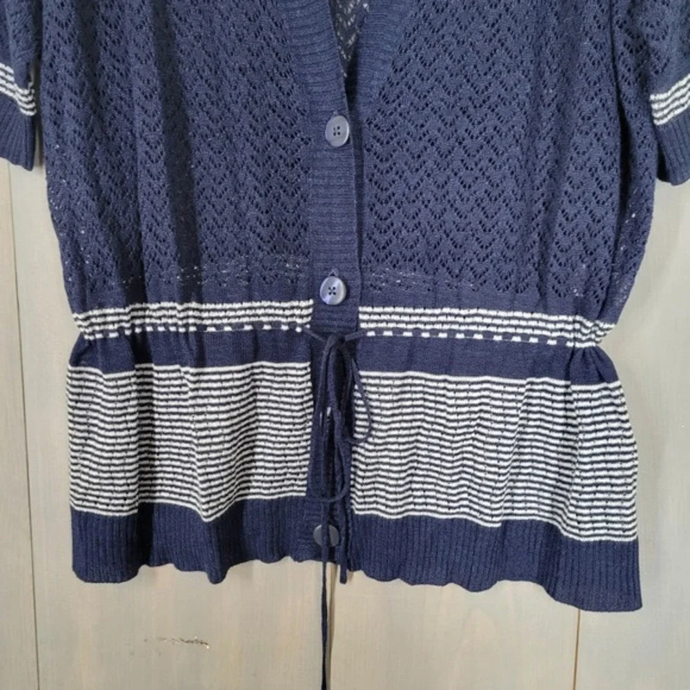Merona Cardigan Sweater Women 20W/22W Navy Blue‎ Striped Pointelle Open Knit - Picture 4 of 10